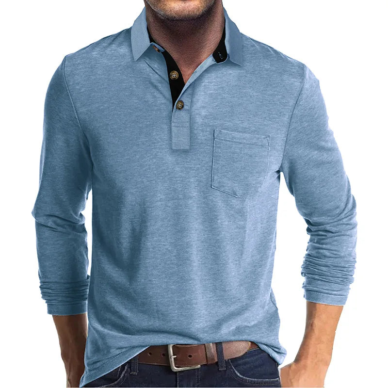 Heren Poloshirt met Lange Mouwen, Borstzak en Knoopsluiting