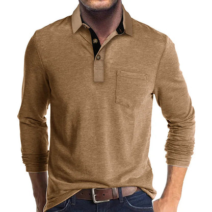 Heren Poloshirt met Lange Mouwen, Borstzak en Knoopsluiting