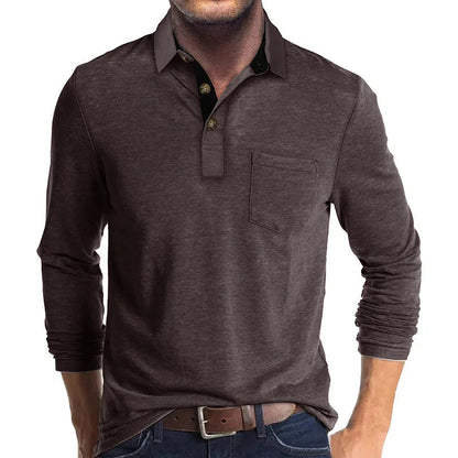 Heren Poloshirt met Lange Mouwen, Borstzak en Knoopsluiting