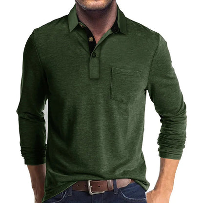 Heren Poloshirt met Lange Mouwen, Borstzak en Knoopsluiting