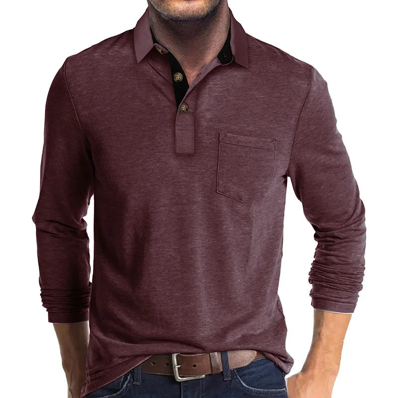 Heren Poloshirt met Lange Mouwen, Borstzak en Knoopsluiting