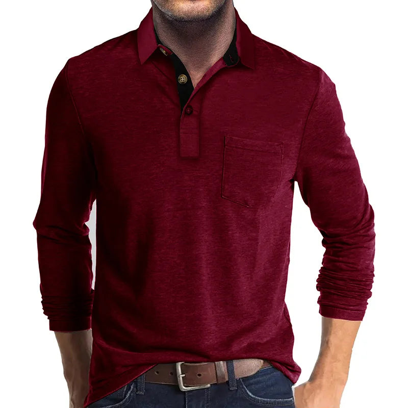 Heren Poloshirt met Lange Mouwen, Borstzak en Knoopsluiting
