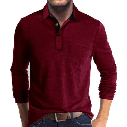 Heren Poloshirt met Lange Mouwen, Borstzak en Knoopsluiting