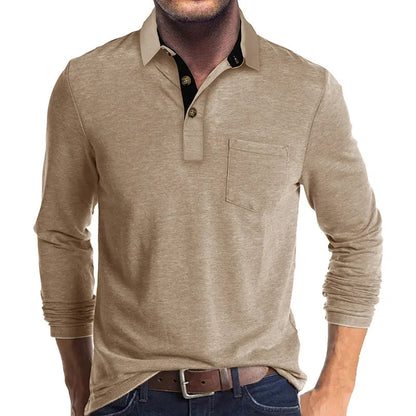 Heren Poloshirt met Lange Mouwen, Borstzak en Knoopsluiting