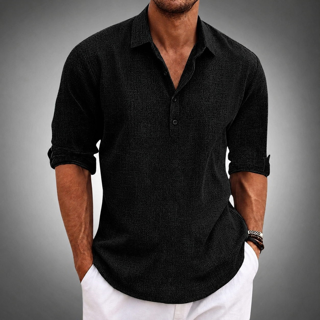 Heren Poloshirt met Omgeslagen Mouwen en Knoopplacket Zwart