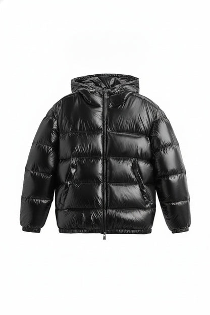 Heren Puffer Jacket met Capuchon en Glanzende Afwerking