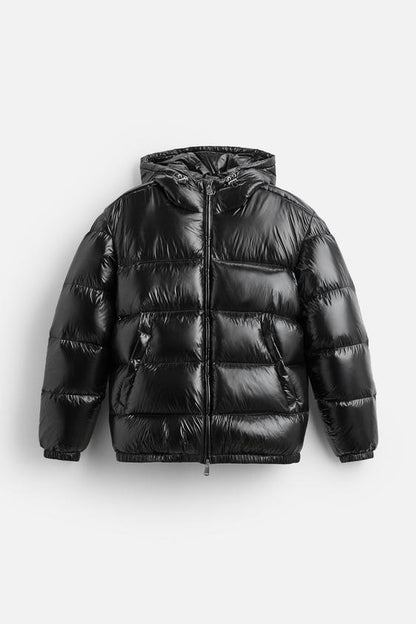 Heren Puffer Jacket met Capuchon en Glanzende Afwerking