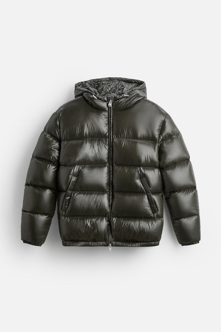 Heren Puffer Jacket met Capuchon en Glanzende Afwerking