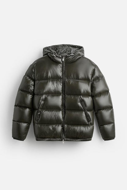 Heren Puffer Jacket met Capuchon en Glanzende Afwerking