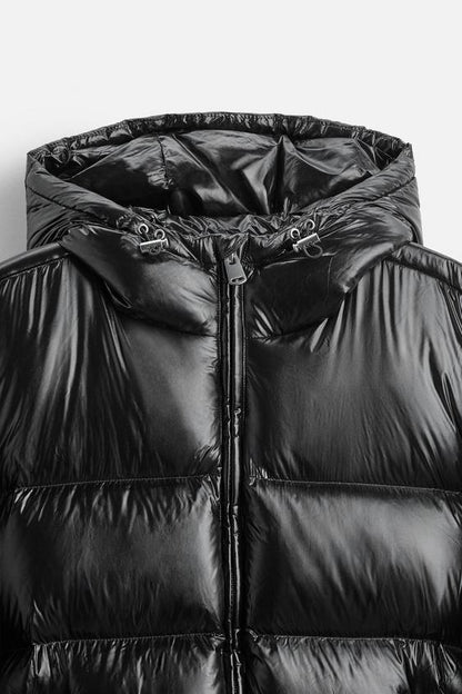Heren Puffer Jacket met Capuchon en Glanzende Afwerking