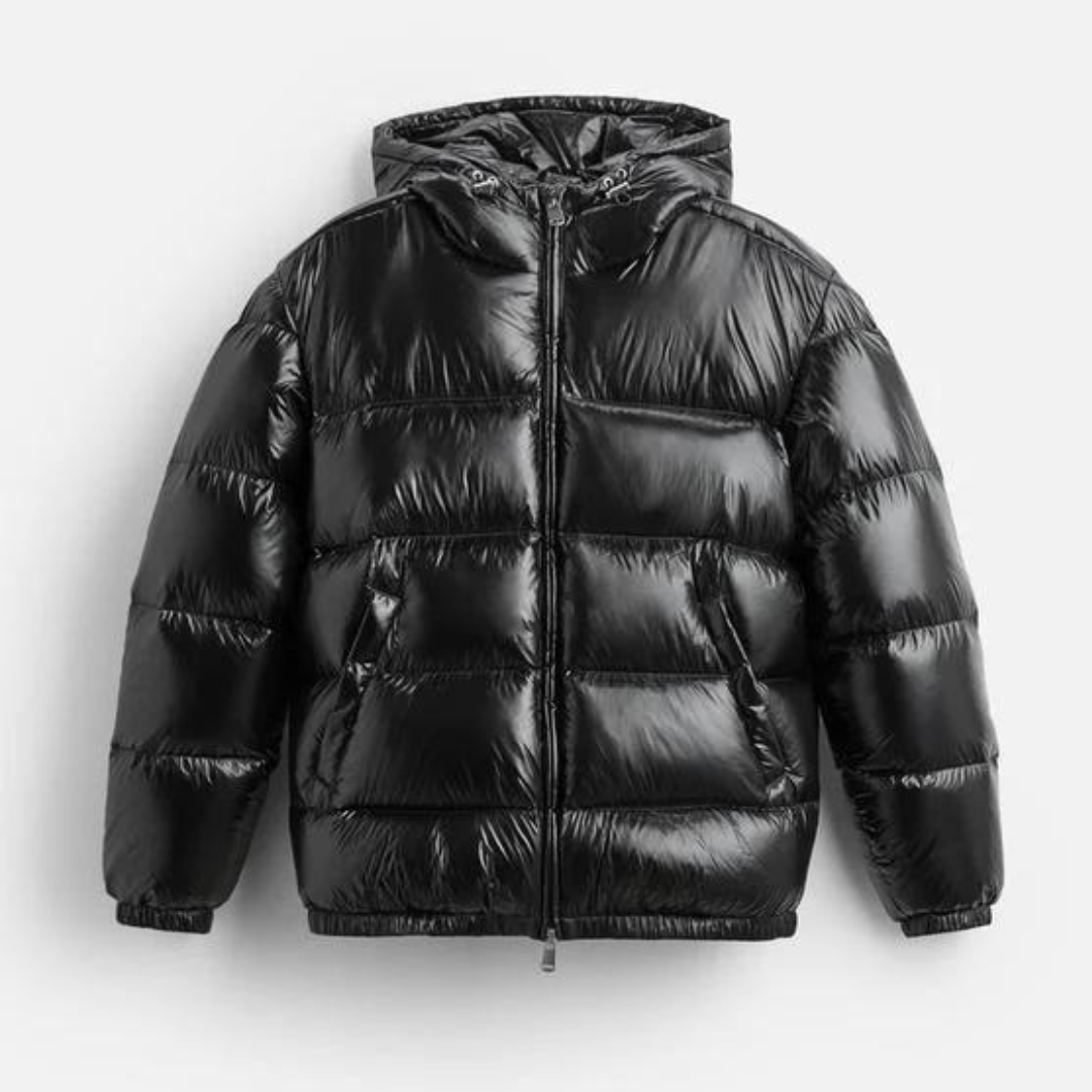 Heren Puffer Jacket met Capuchon en Glanzende Afwerking Zwart
