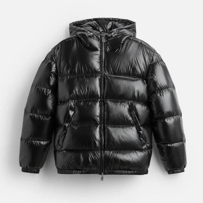 Heren Puffer Jacket met Capuchon en Glanzende Afwerking Zwart