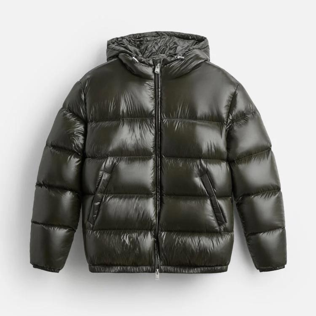 Heren Puffer Jacket met Capuchon en Glanzende Afwerking Groen