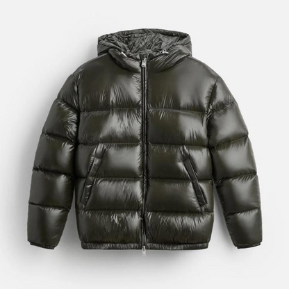 Heren Puffer Jacket met Capuchon en Glanzende Afwerking Groen