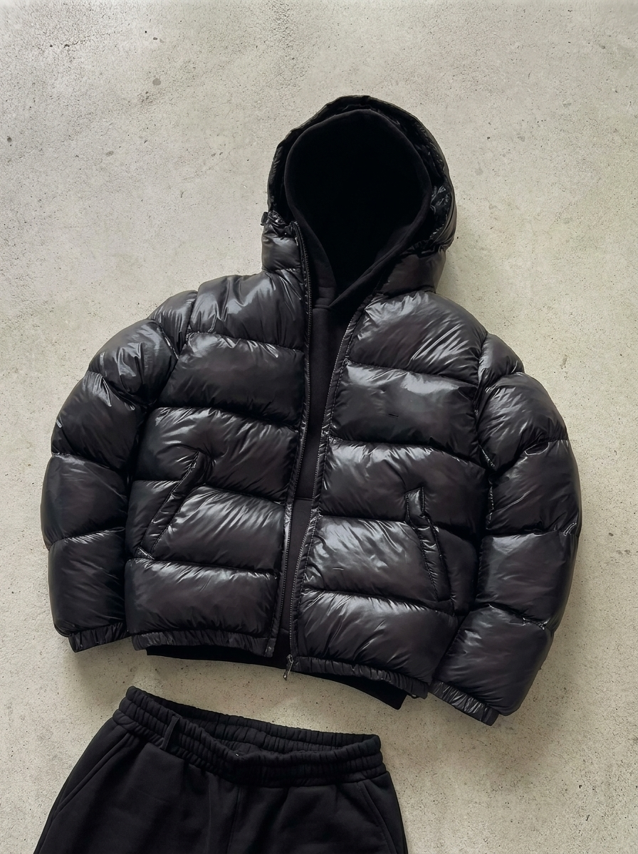 Heren Puffer Jacket met Capuchon en Ritssluiting Zwart