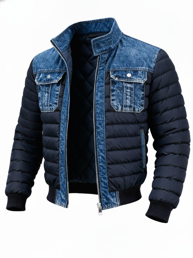 Heren Puffer Jacket met Denim Panelen en Ritssluiting