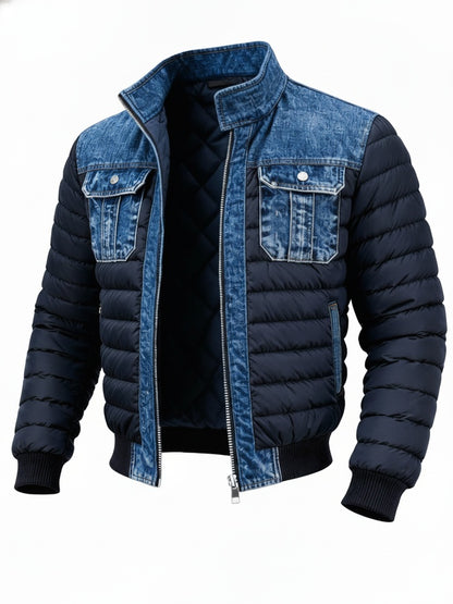 Heren Puffer Jacket met Denim Panelen en Ritssluiting