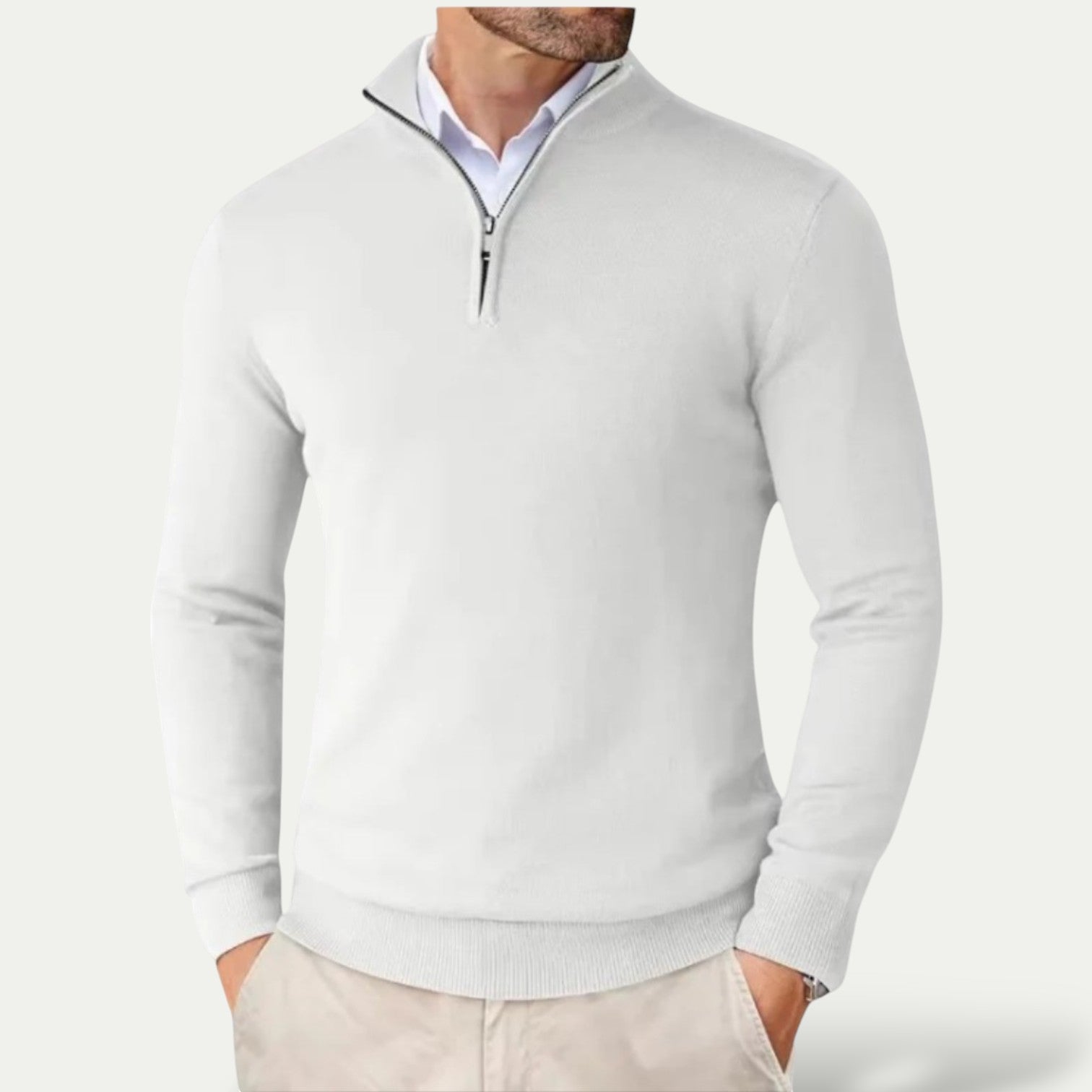 Heren Pullover met Halve Rits en Staande Kraag Wit