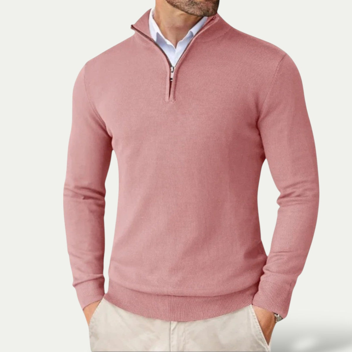 Heren Pullover met Halve Rits en Staande Kraag Roze