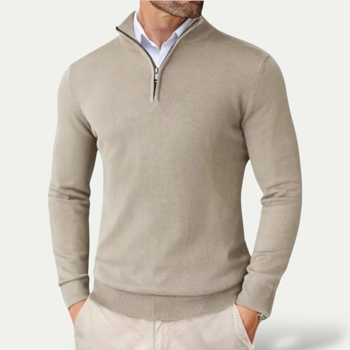 Heren Pullover met Halve Rits en Staande Kraag Beige