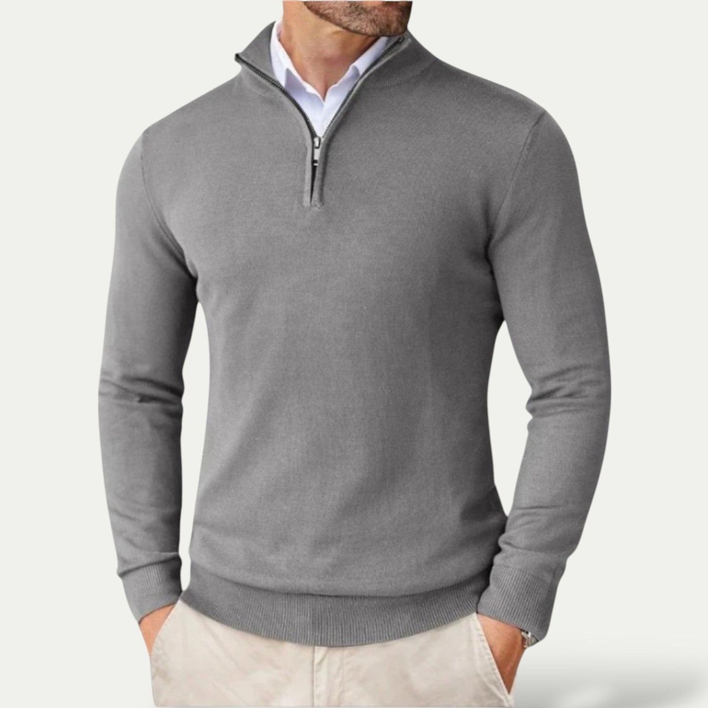 Heren Pullover met Halve Rits en Staande Kraag Grijs