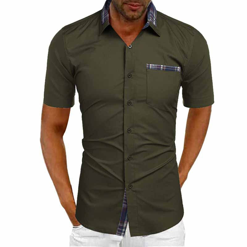 Heren Shirt Korte Mouw met Geruite Kraag en Borstzak Legergroen