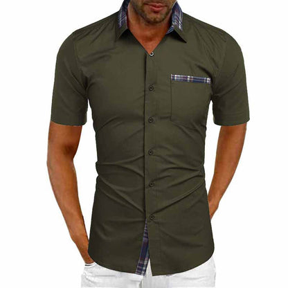 Heren Shirt Korte Mouw met Geruite Kraag en Borstzak Legergroen