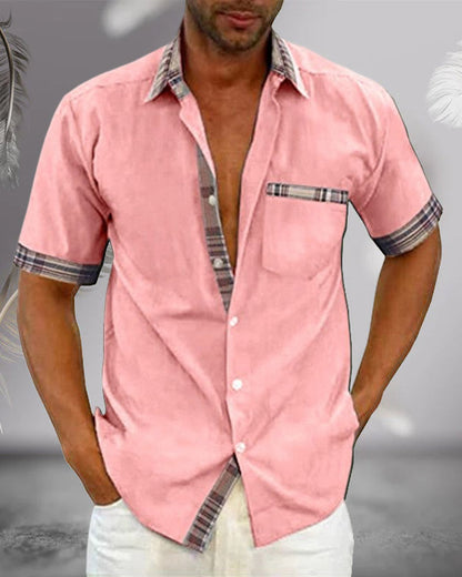 Heren Shirt Korte Mouw met Geruite Kraag en Borstzak Roze