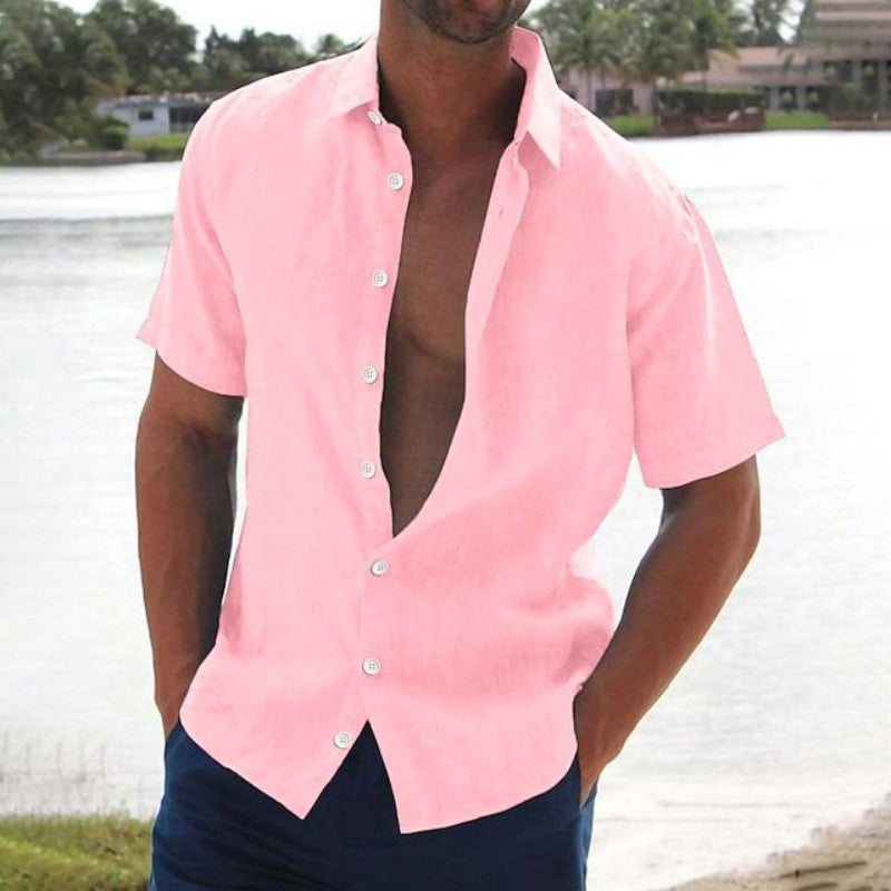Heren Shirt Korte Mouw met Klassieke Kraag en Knoopsluiting Roze