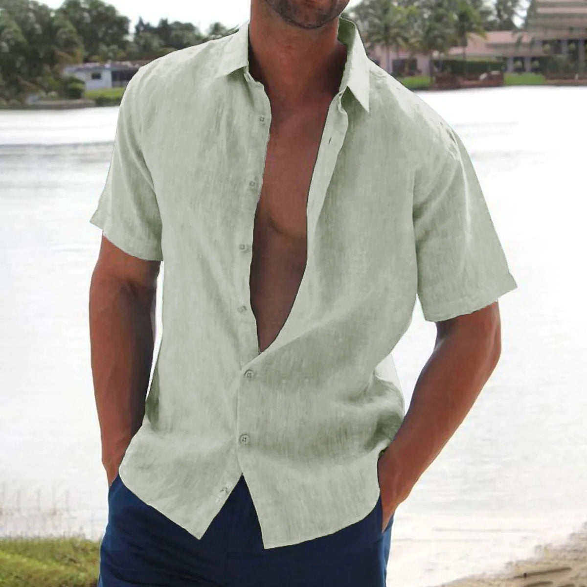 Heren Shirt Korte Mouw met Klassieke Kraag en Knoopsluiting Lichtgroen