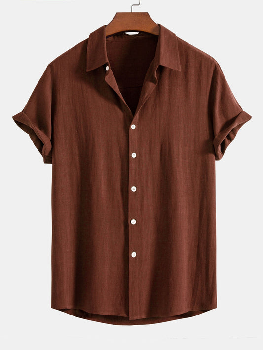 Heren Shirt Korte Mouw met Klassieke Kraag en Knoopsluiting Relaxed Fit Bruin