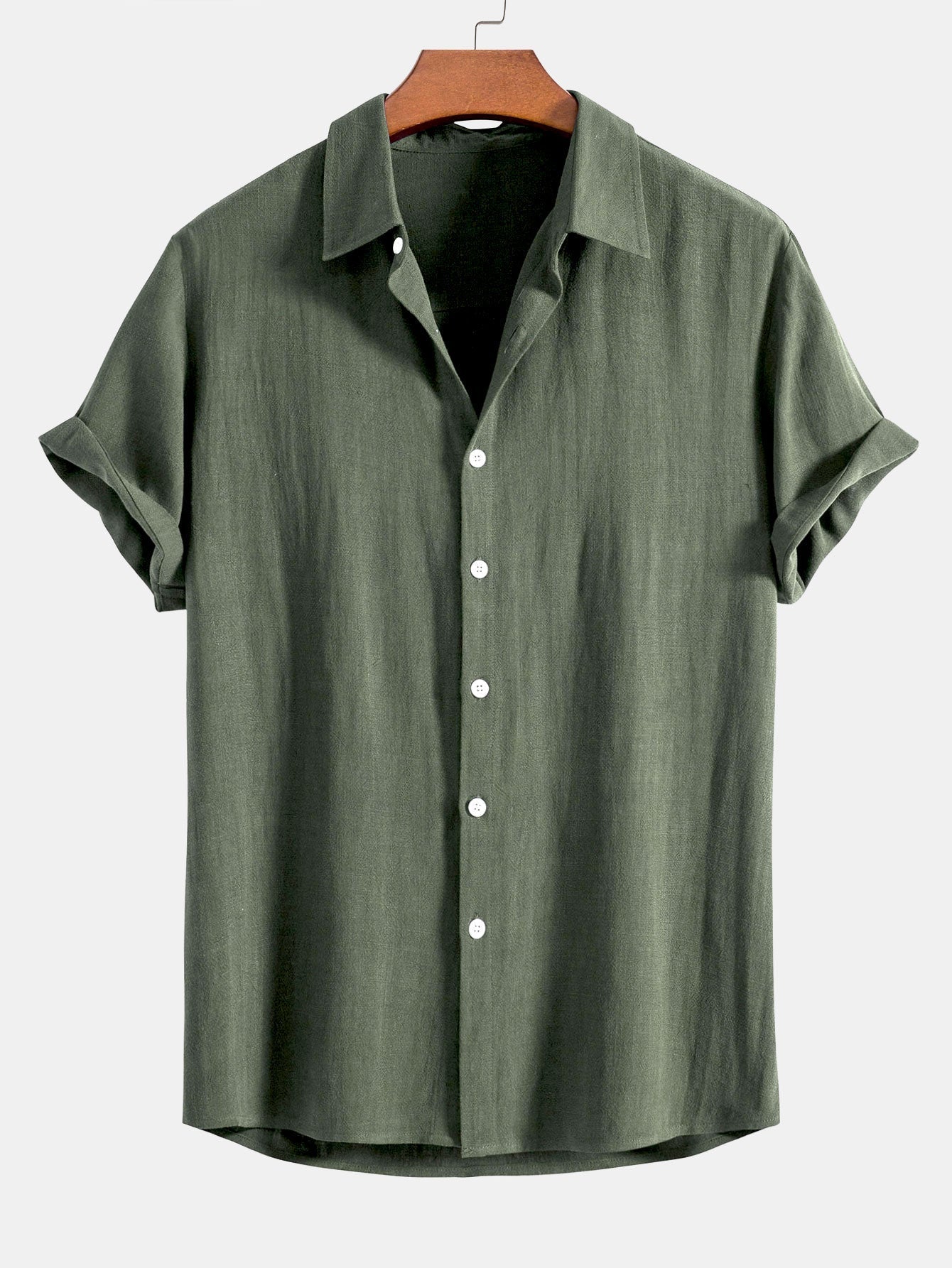 Heren Shirt Korte Mouw met Klassieke Kraag en Knoopsluiting Relaxed Fit Olijfgroen
