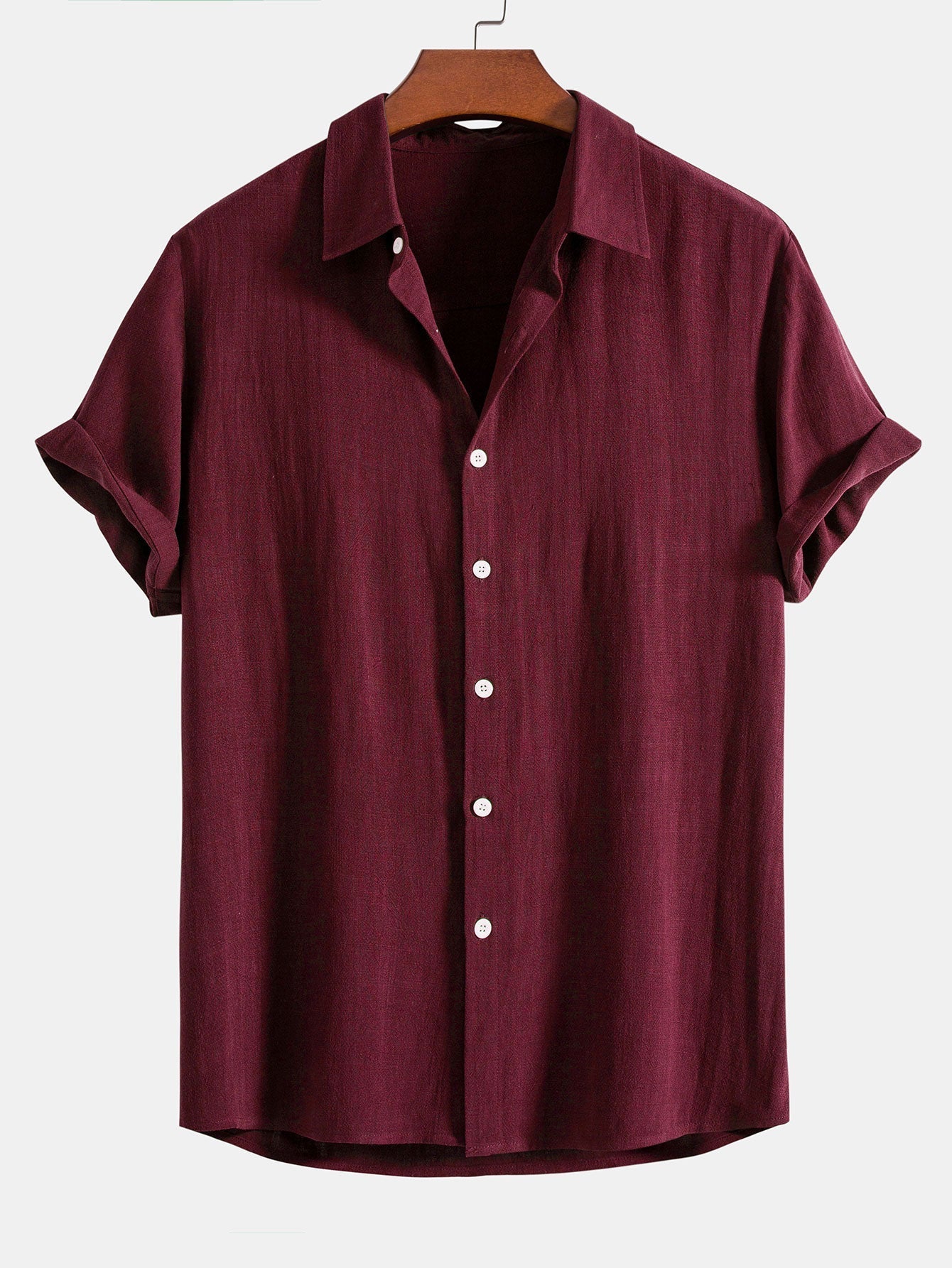 Heren Shirt Korte Mouw met Klassieke Kraag en Knoopsluiting Relaxed Fit Bordeauxrood