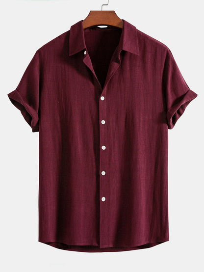 Heren Shirt Korte Mouw met Klassieke Kraag en Knoopsluiting Relaxed Fit Bordeauxrood