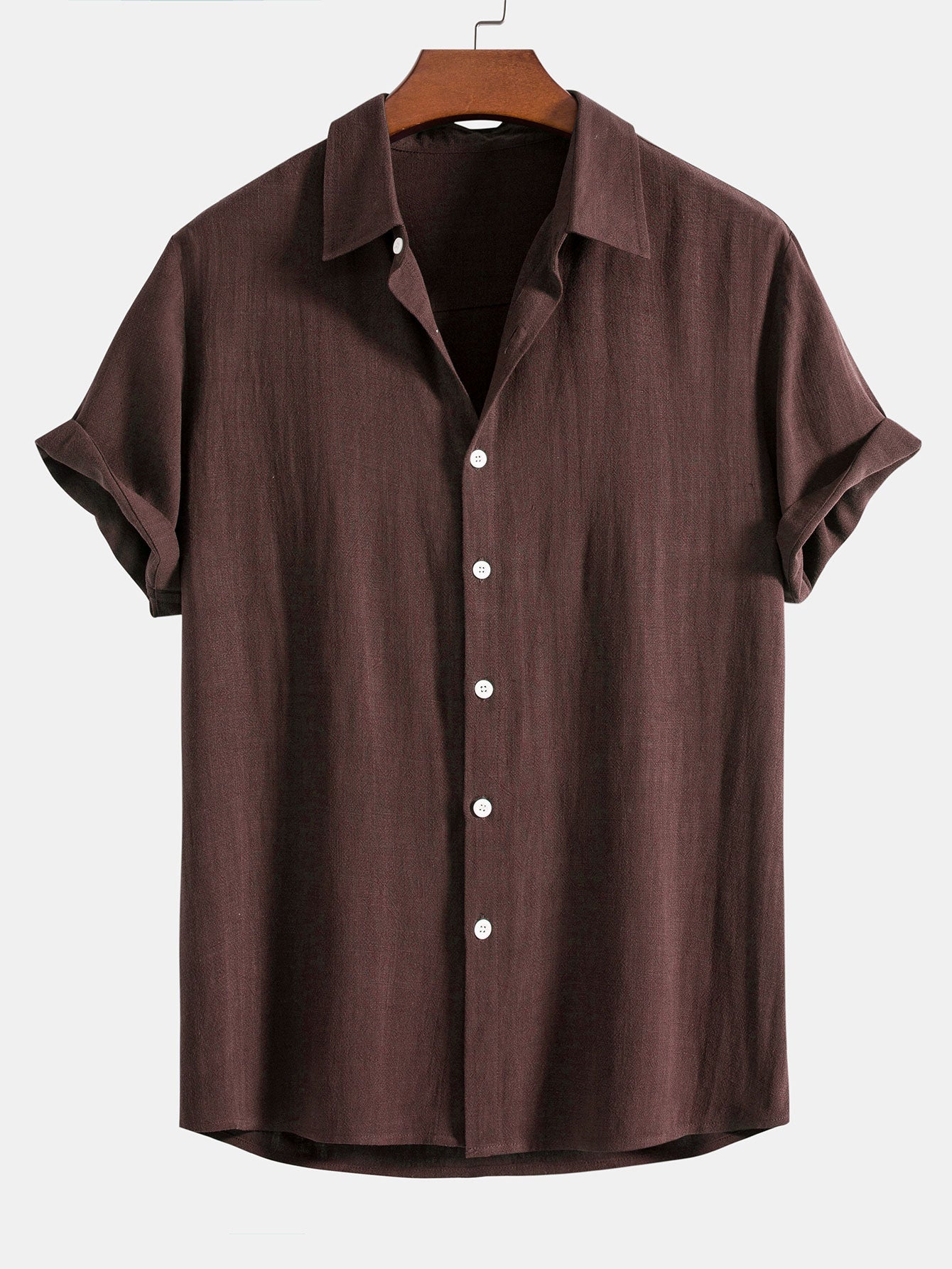 Heren Shirt Korte Mouw met Klassieke Kraag en Knoopsluiting Relaxed Fit Donkerbruin