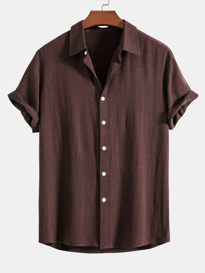 Heren Shirt Korte Mouw met Klassieke Kraag en Knoopsluiting Relaxed Fit Donkerbruin