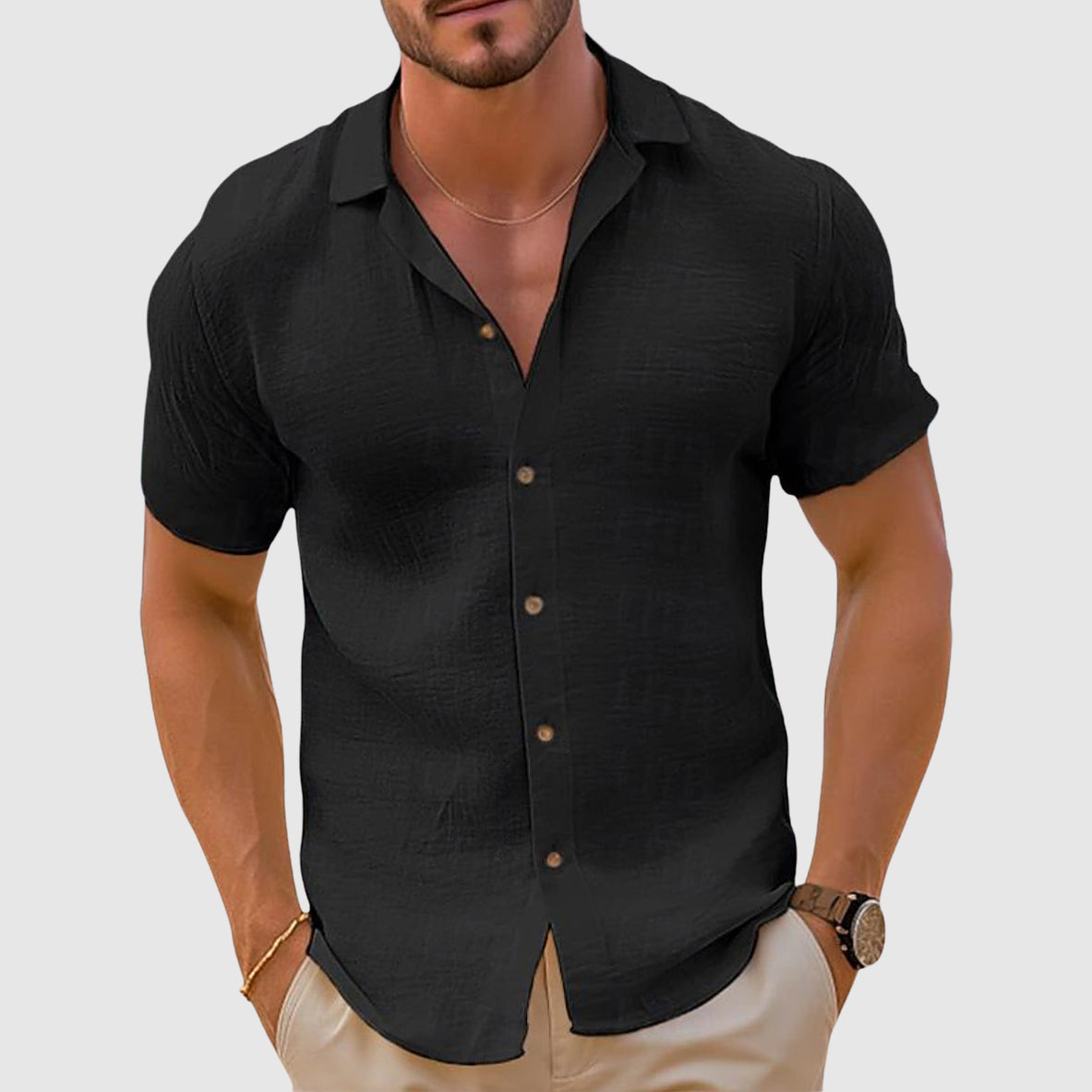 Heren Shirt Korte Mouw met Knoopsluiting en Reverskraag Zwart