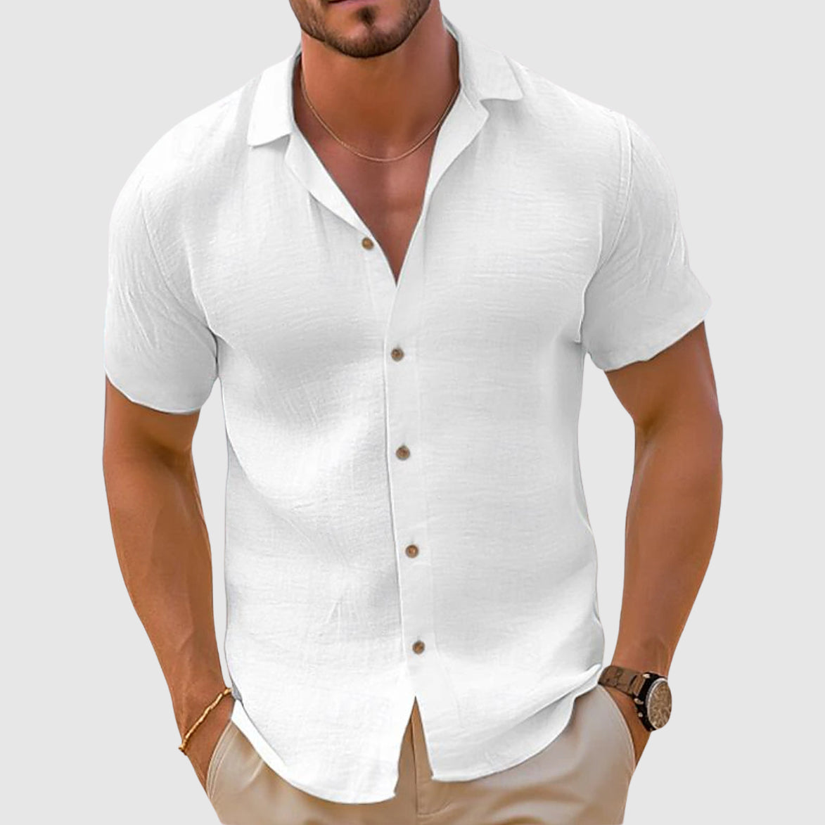 Heren Shirt Korte Mouw met Knoopsluiting en Reverskraag Wit