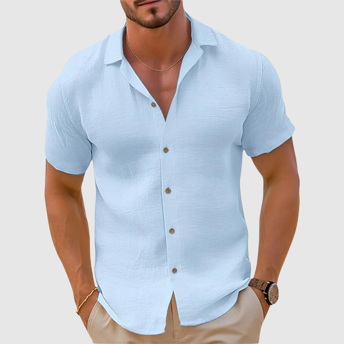 Heren Shirt Korte Mouw met Knoopsluiting en Reverskraag Blauw