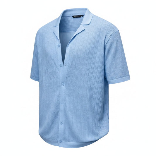 Heren Shirt Korte Mouw met Open Revers Kraag en Knoopsluiting