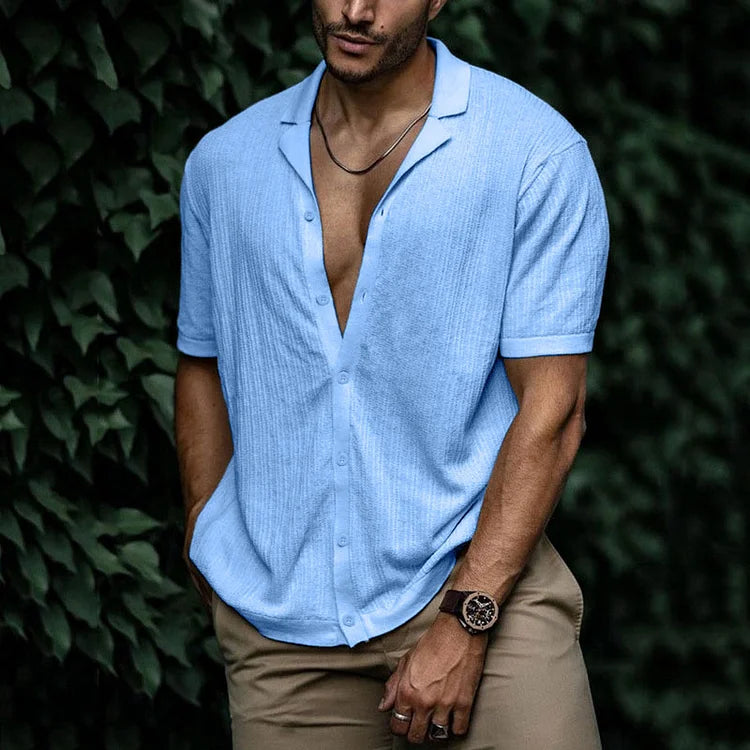 Heren Shirt Korte Mouw met Open Revers Kraag en Knoopsluiting Blauw