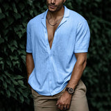 Heren Shirt Korte Mouw met Open Revers Kraag en Knoopsluiting