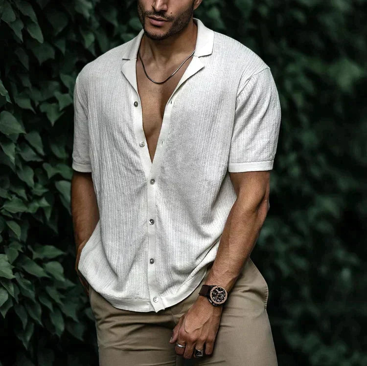 Heren Shirt Korte Mouw met Open Revers Kraag en Knoopsluiting Wit
