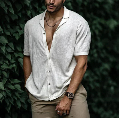 Heren Shirt Korte Mouw met Open Revers Kraag en Knoopsluiting Wit