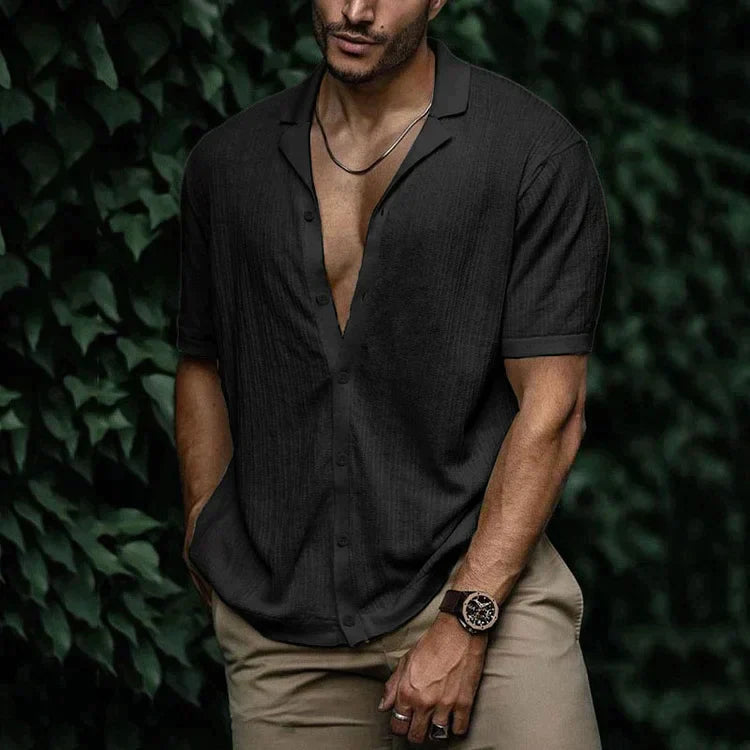 Heren Shirt Korte Mouw met Open Revers Kraag en Knoopsluiting Zwart