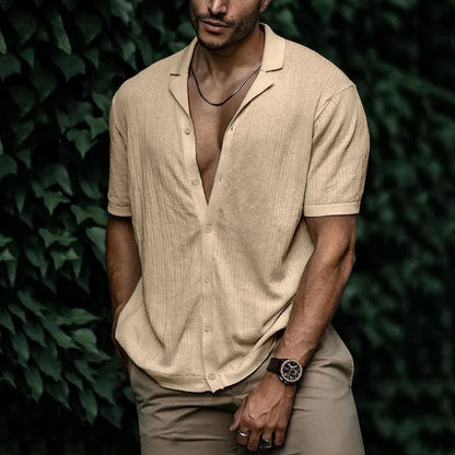 Heren Shirt Korte Mouw met Open Revers Kraag en Knoopsluiting Khaki