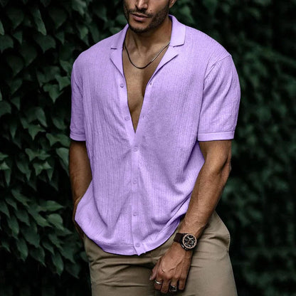 Heren Shirt Korte Mouw met Open Revers Kraag en Knoopsluiting Paars
