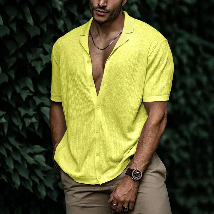 Heren Shirt Korte Mouw met Open Revers Kraag en Knoopsluiting Geel