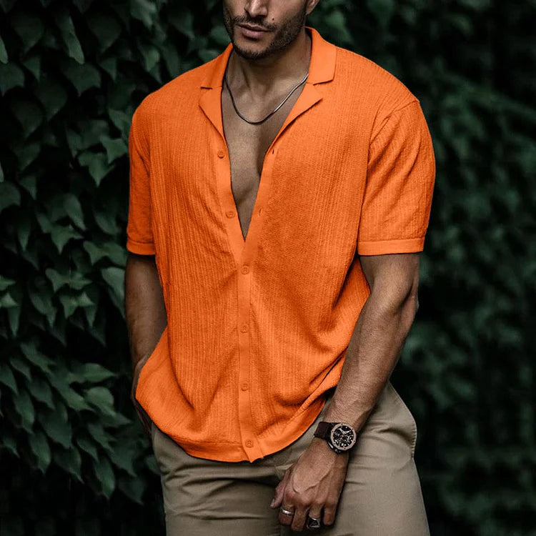 Heren Shirt Korte Mouw met Open Revers Kraag en Knoopsluiting Oranje