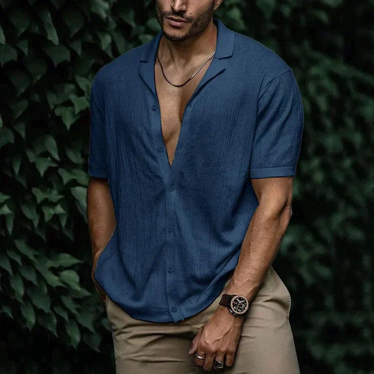 Heren Shirt Korte Mouw met Open Revers Kraag en Knoopsluiting Marineblauw